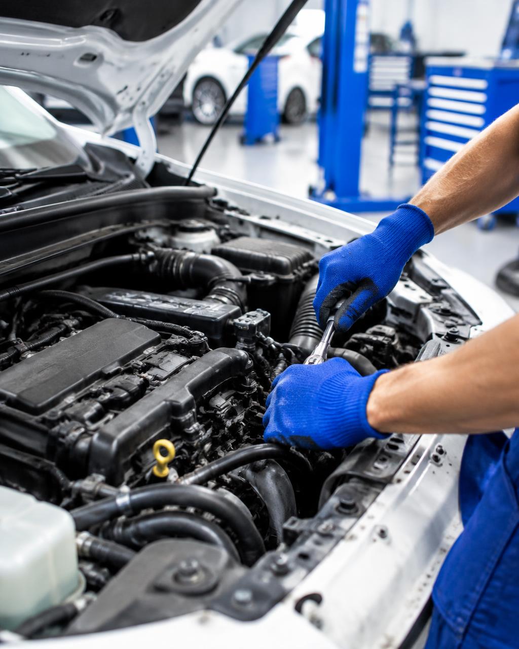 Technician working in the engine bay of a car